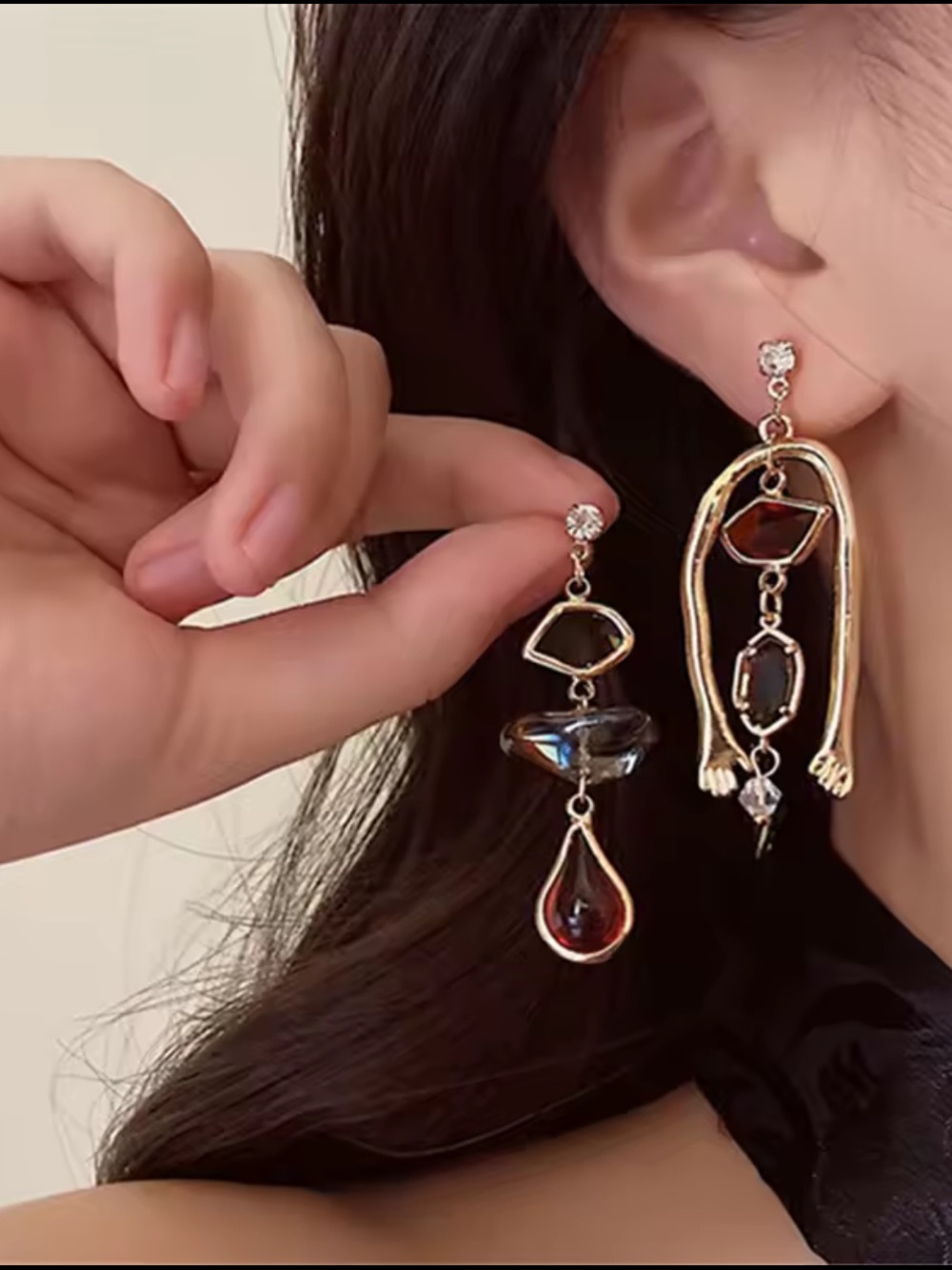 Gold Tone Asymmetric Drop Earrings with Brown and Amber Stones - Picture 3 of 4